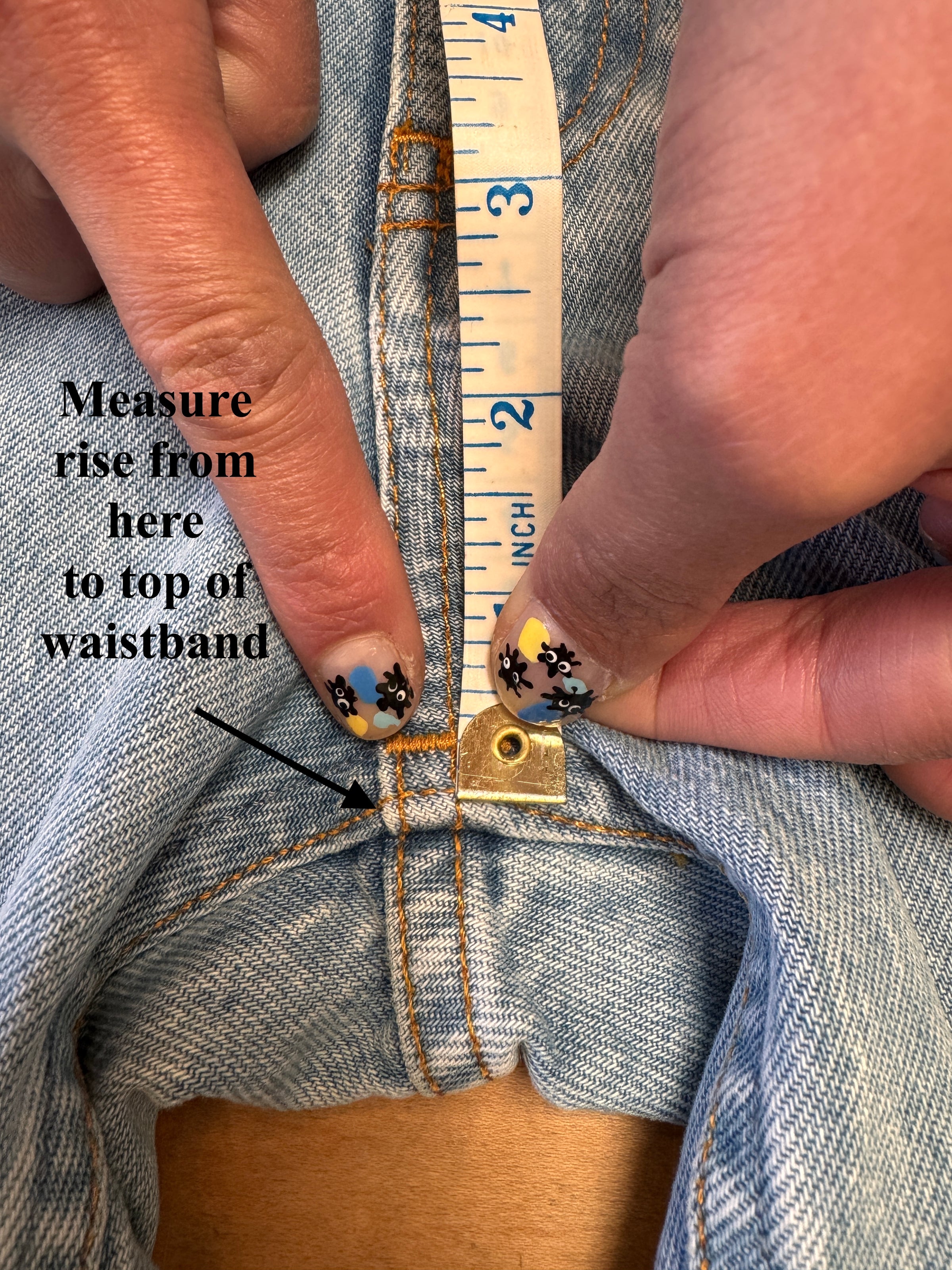 2. To measure the front rise, find the seam at the crotch and measure ...